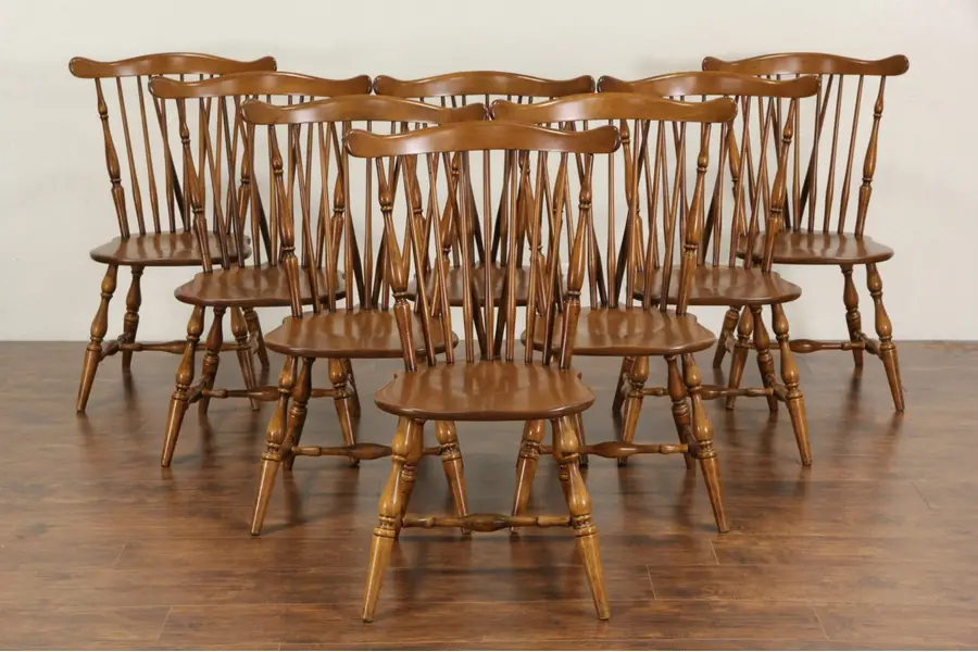 Photo of Heywood Wakefield Signed Set of 8 Windsor Vintage Maple Dining Chairs