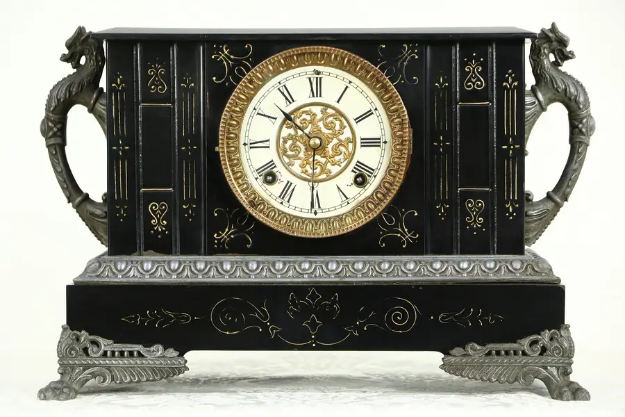 Photo of Ansonia NY Signed Black Iron Mantel Clock, Griffin Sculptures, Pat. 1882