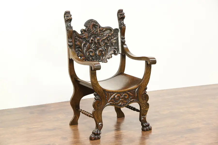Photo of Lion & Dragon Carved Antique 1900 Quarter Sawn Oak Hall or Throne Chair