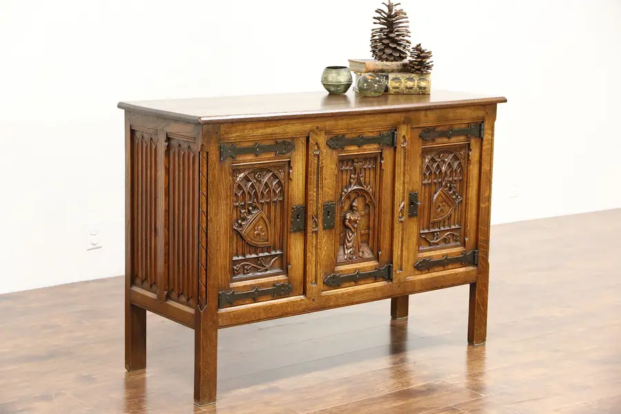 Photo of Gothic Carved Oak 1915 Antique Sideboard, Server, TV Console Cabinet, Holland