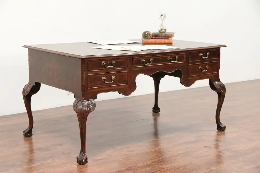 Photo of Georgian Style Vintage Mahogany & Burl Library Desk, England