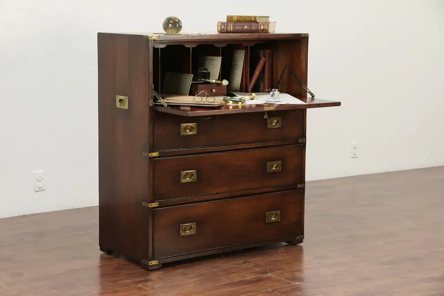 Photo of English Antique 1890 Mahogany Military Officer Campaign Desk & Chest