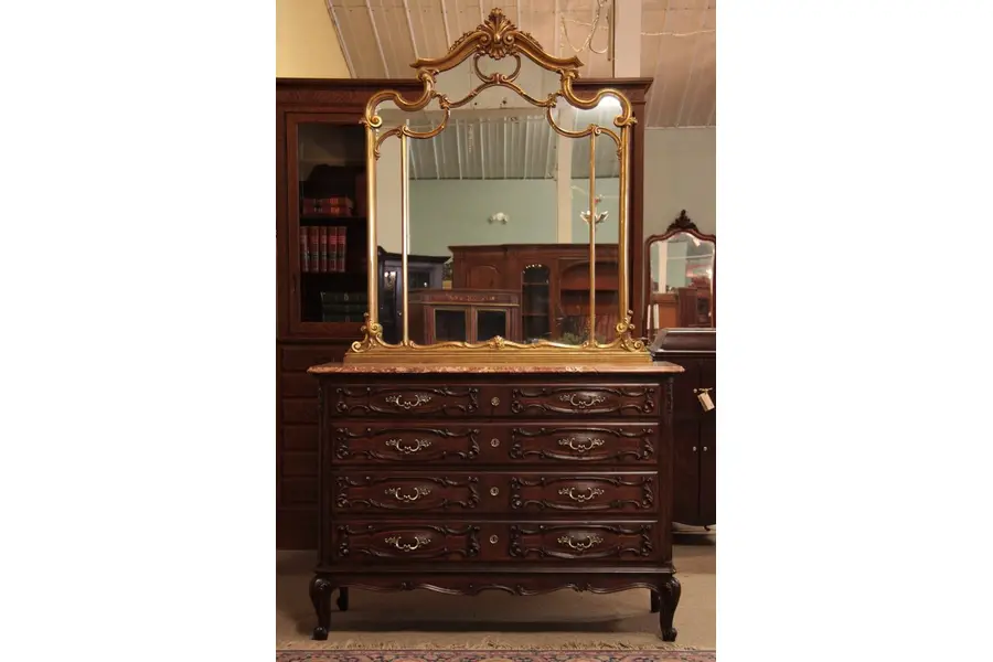 Photo of Antique Carved Italian Marble Top Chest, Gold Mirror
