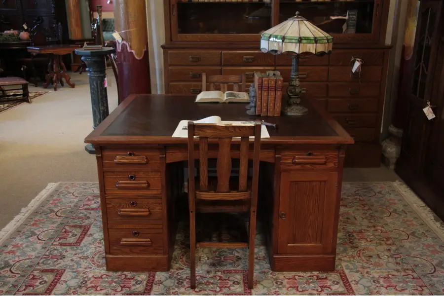 Photo of Victorian Oak & Leather Antique Partner's Desk