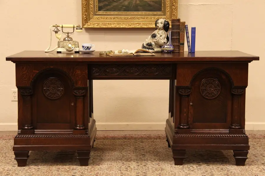 Photo of Carved Oak Antique Executive Desk