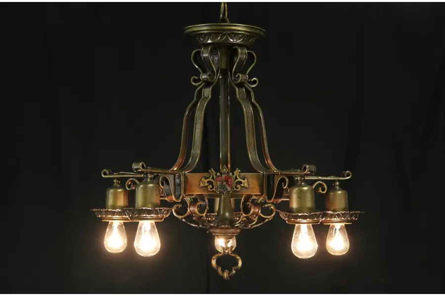 Photo of English Tudor Light Fixture Hand Painted 1920's Chandelier