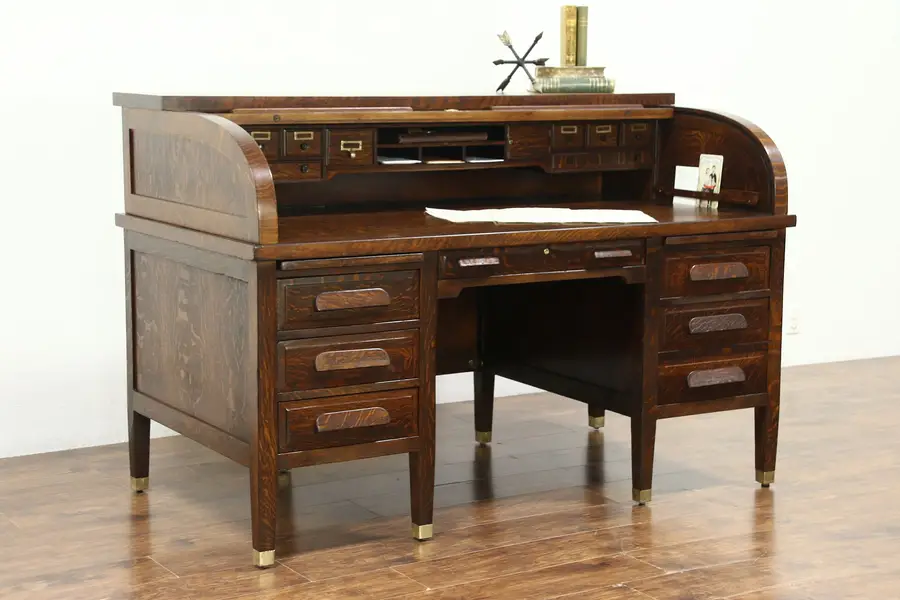 Photo of Oak Quarter Sawn 1915 Antique Craftsman Roll Top Desk, Signed Standard