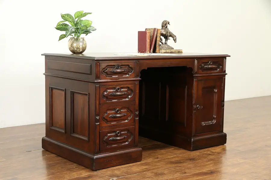 Photo of Victorian Antique 1880 Carved Walnut Library Desk, Secret Compartment