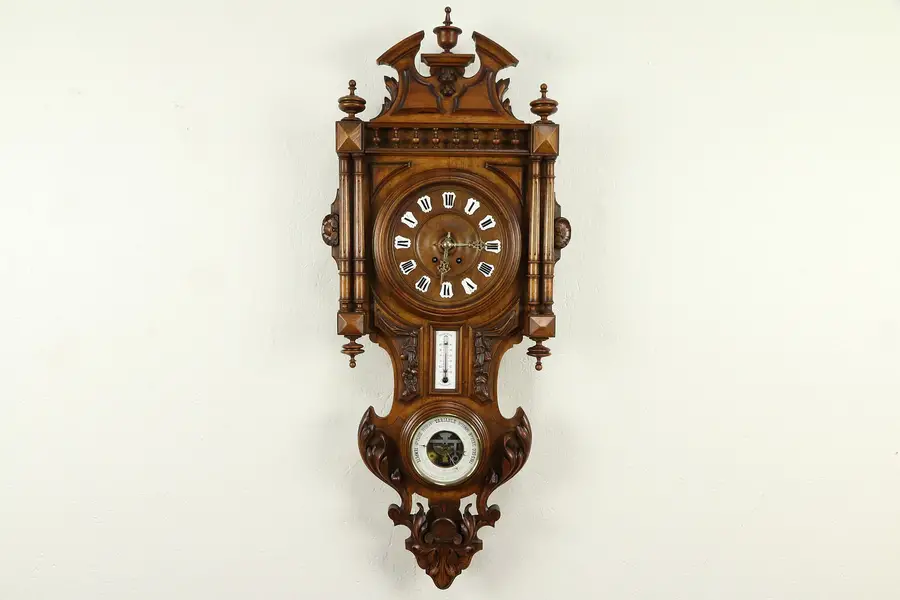 Photo of French Carved Walnut Antique Wall Clock, Barometer & Thermometer