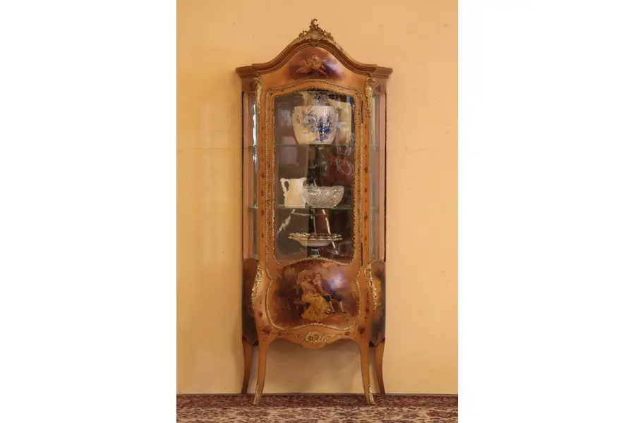 Photo of Vernis Martin Curved Glass Curio Cabinet or Vitrine