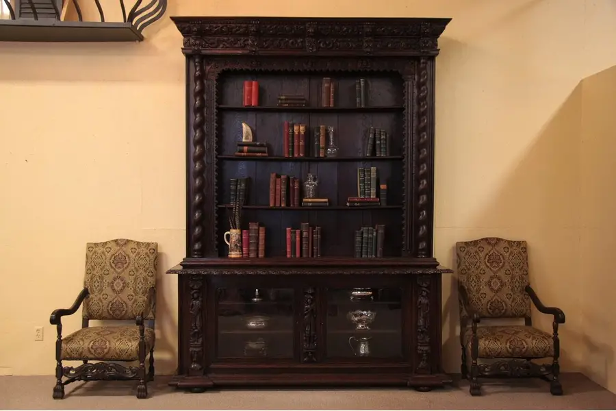 Photo of Carved Oak 9' Bookcase, Dowry Cupboard Lions, Angels