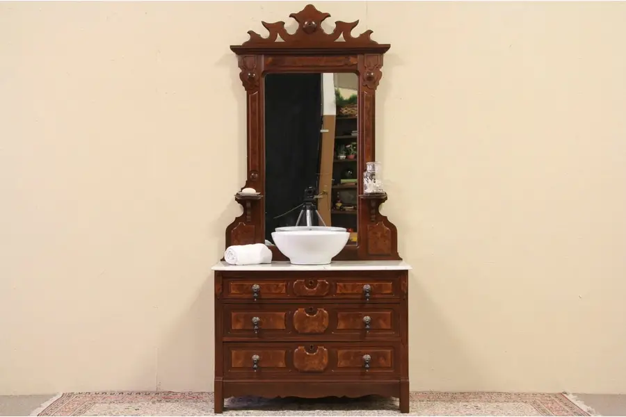 Photo of Victorian 1880 Antique Chest or Dresser, Marble Top & Mirror