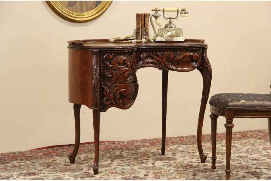 Photo of Kidney Shaped Carved 1930's Writing Desk