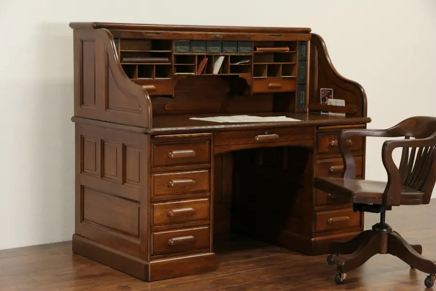 Photo of Derby of Boston Oak Antique 1900 Rolltop Desk, S Curve & Raised Panels