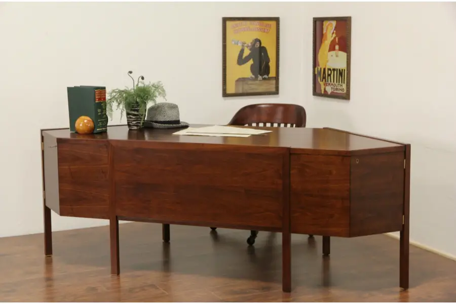 Photo of 1960 Vintage Midcentury Modern Dunbar Executive Walnut Desk, Fits in Corner