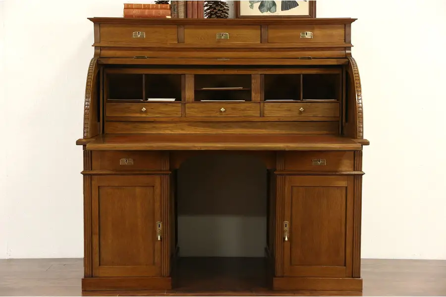 Photo of Oak 1900 Antique German Roll Top Cylinder Desk, Pull Out Leather Top