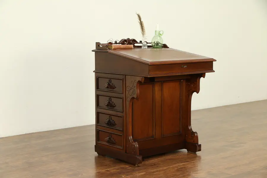Photo of Victorian Antique 1870 Carved Walnut Davenport or Ship Captain Desk