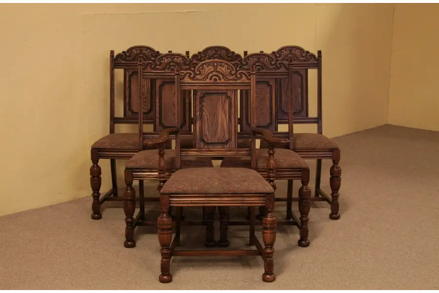 Photo of 6 Antique English Tudor Oak Dining Chairs