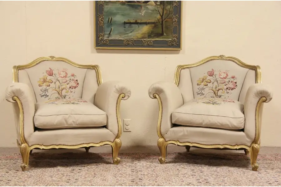 Photo of Pair of Gold 1920 Italian Salon Armchairs, Original Fabric