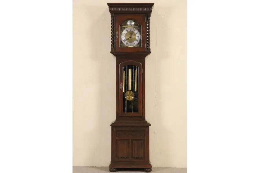 Photo of Ethan Allen Renaissance Style Oak Grandfather Vintage Tall Case Clock