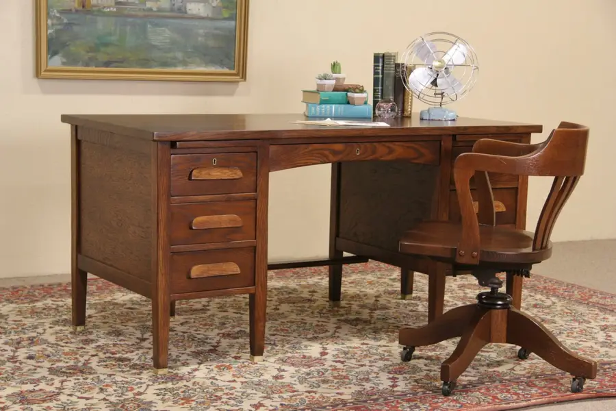 Photo of Oak 1925 Antique Desk, File Drawer, Brass Feet