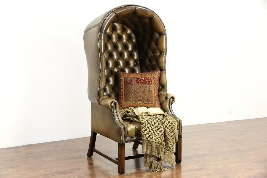 Photo of English Style Vintage Hall Porter Chair with Hood & Arms, Tufted Leather