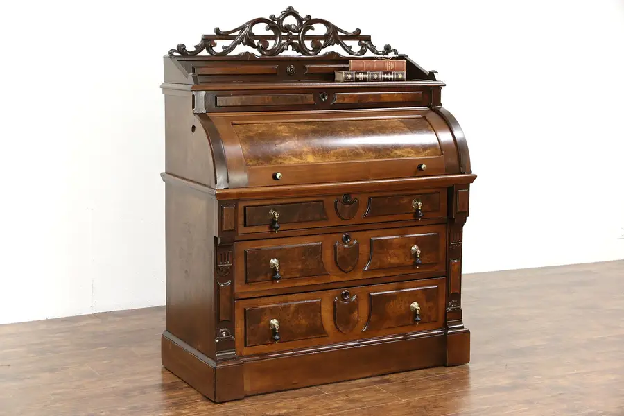 Photo of Victorian 1870 Antique Cylinder or Barrel Roll Top Library Desk, Walnut & Burl
