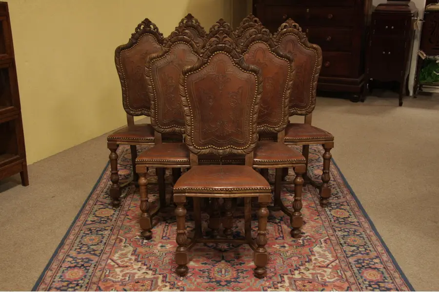 Photo of Set of 8 Tooled Leather Carved Dining Chairs