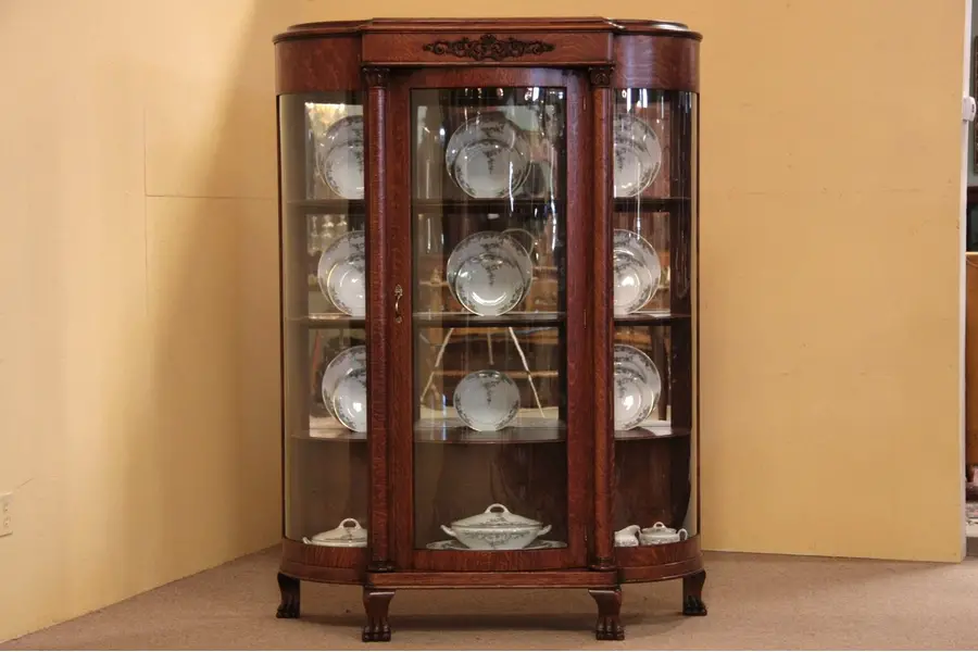 Photo of Victorian Curved Glass Oak China Curio Cabinet