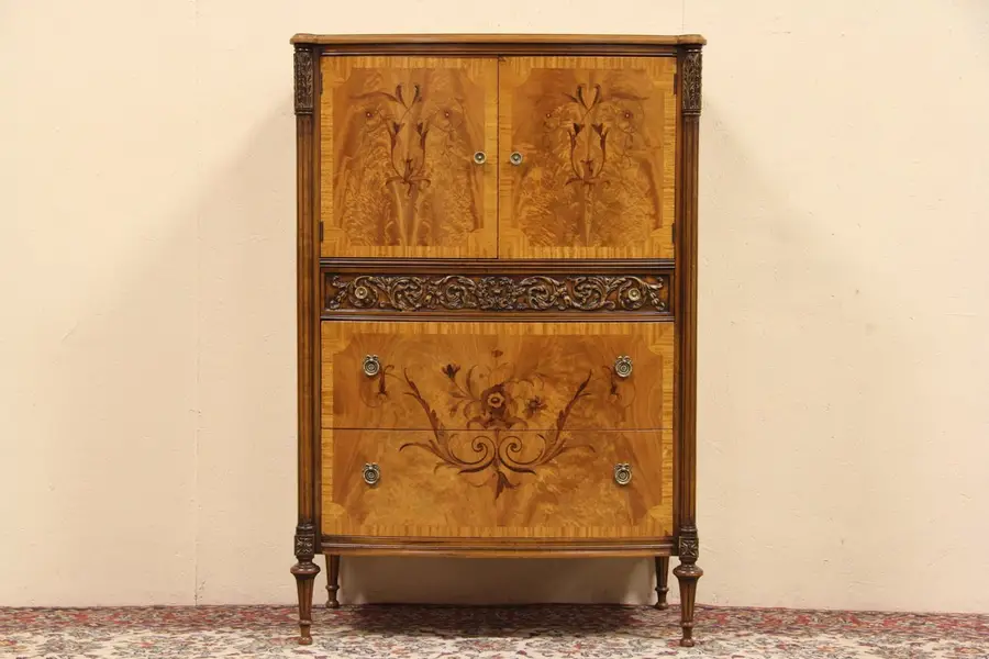 Photo of Satinwood Marquetry 1925 Chifferobe or Tall Chest