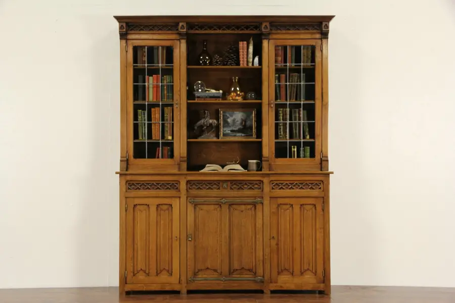 Photo of Dutch 1896 Signed Gothic Carved Oak Library Bookcase, Leaded Glass Doors