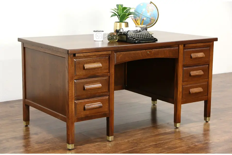 Photo of Oak 1915 Antique Desk, File Drawer, Pull Out Shelves, Brass Feet