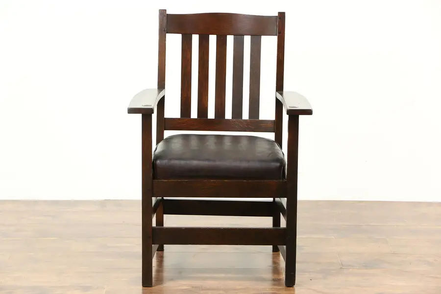 Photo of Arts & Crafts Mission Oak 1905 Antique Craftsman Chair, Original Leather