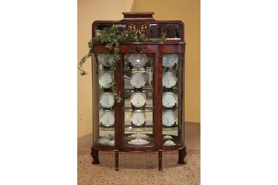 Photo of Victorian Oak Curved Glass Curio or China Cabinet