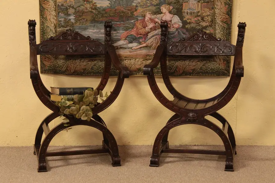 Photo of Pair of Carved Savonarola Italian Chairs