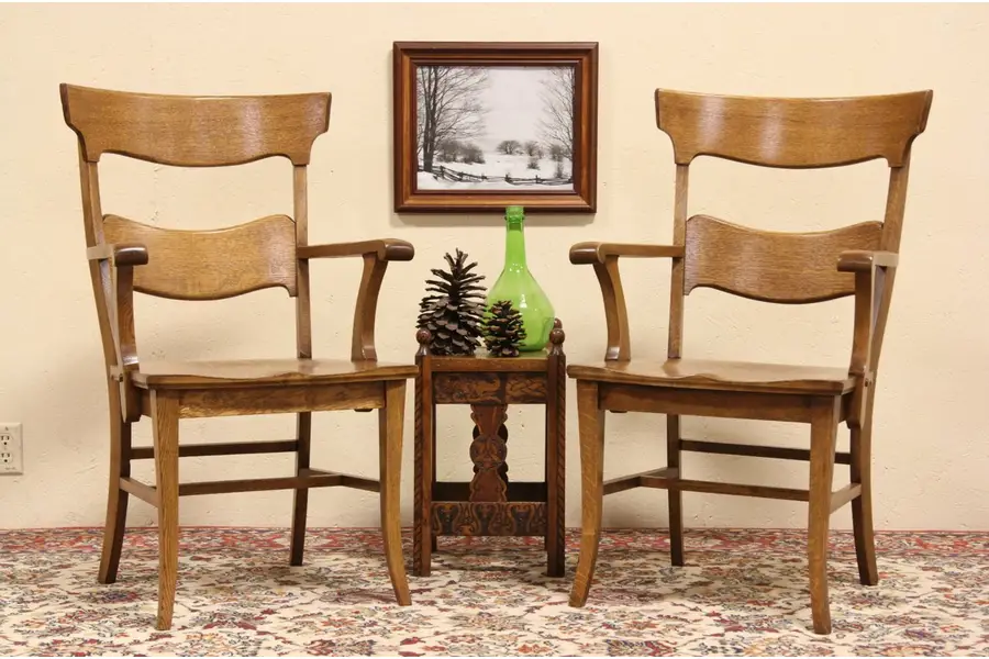 Photo of Pair of 1900 Antique Oak Courthouse Armchairs