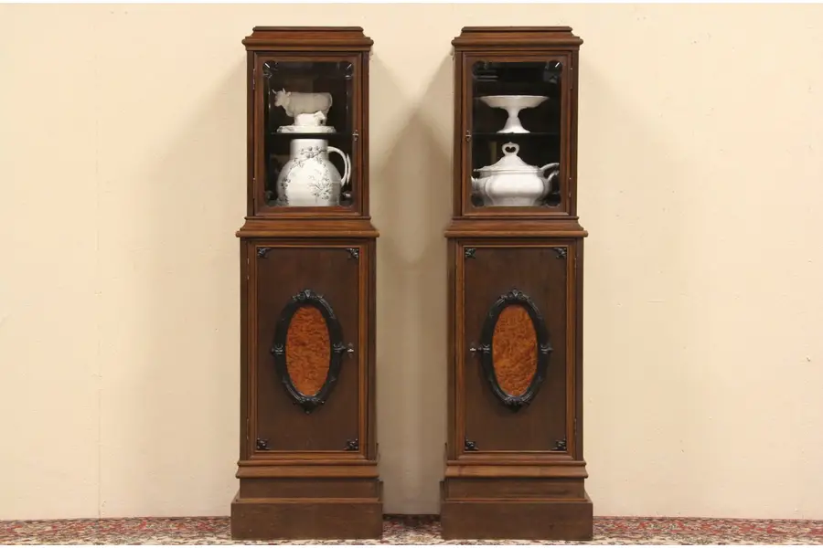 Photo of Pair of Oak Matching Cabinets with Beveled Glass