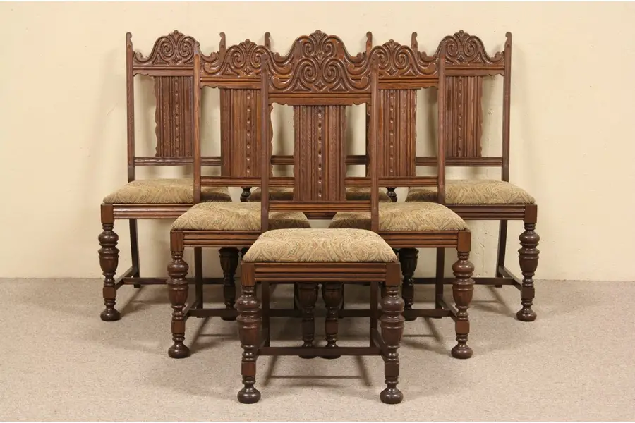 Photo of Set of 6 Oak English Tudor 1925 Dining Chairs