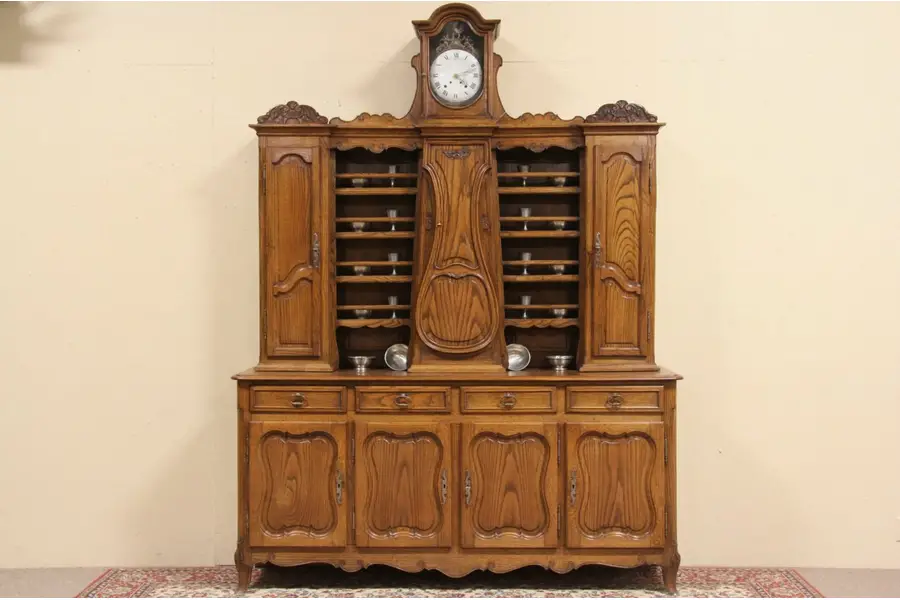 Photo of Country French 1890 Pewter Cupboard Sideboard & Clock