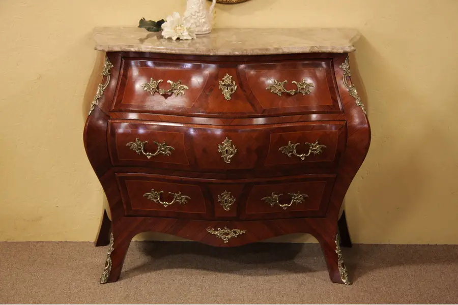 Photo of French Bombe Marquetry 3 Drawer Chest, Marble Top