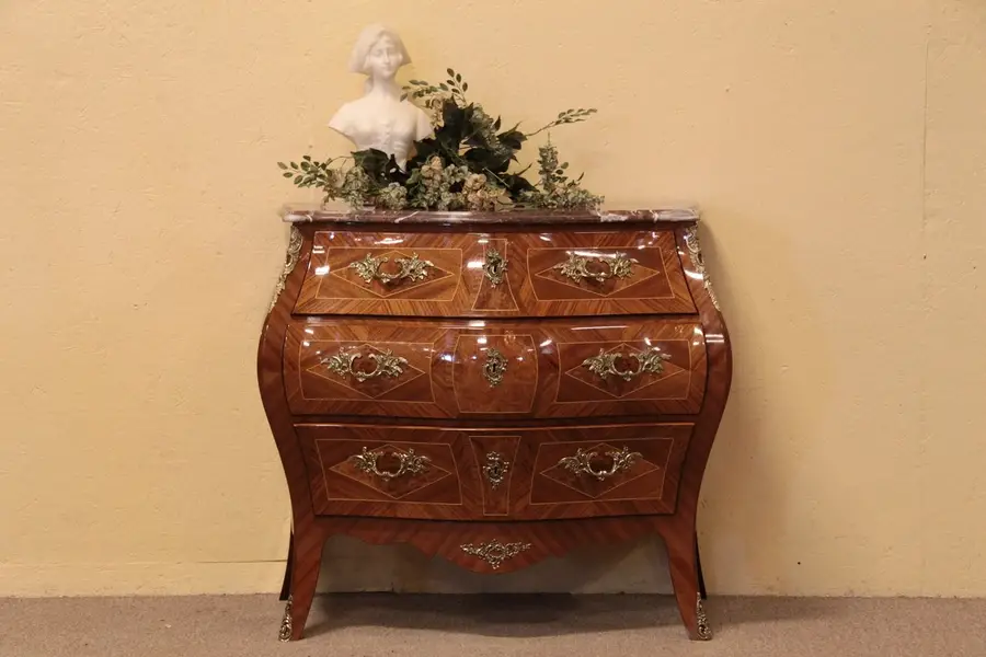 Photo of Marquetry Marble Top Signed Bombe Chest