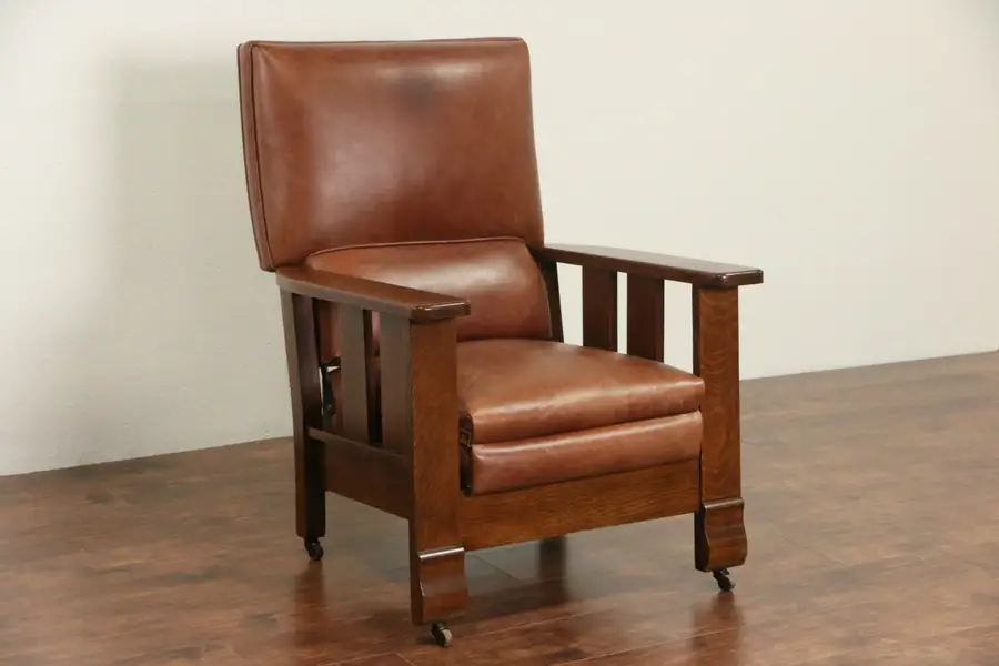 Photo of Arts & Crafts Mission Oak 1920 Antique Leather Morris Recliner Chair