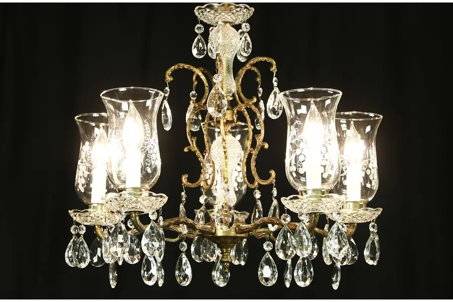 Photo of Crystal & Brass 1950's Vintage 5 Light Chandelier
