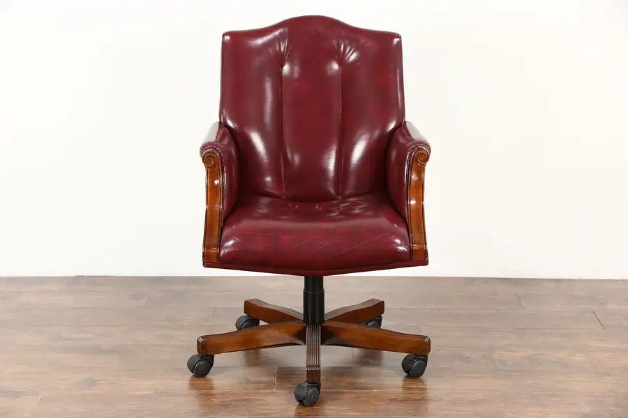 Photo of Desk Swivel Chair, Adjustable Vintage Mahogany & Leather, Signed Councill