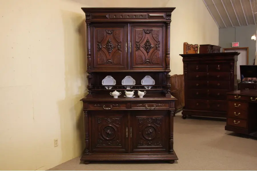 Photo of Oak Antique Sideboard Cabinet, Carved Heads & Fruit