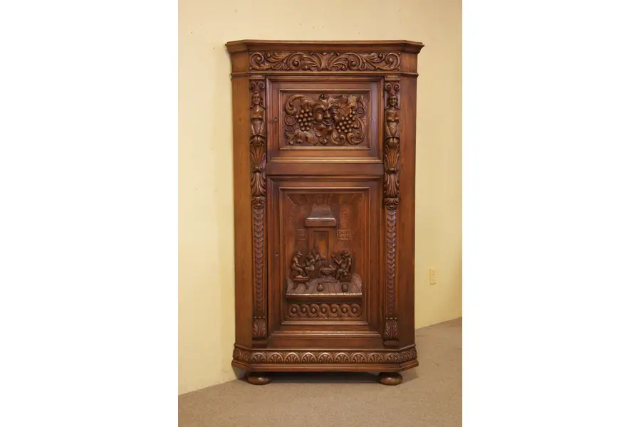 Photo of Corner Wine Cabinet, Carved Oak Bacchus & Grapes
