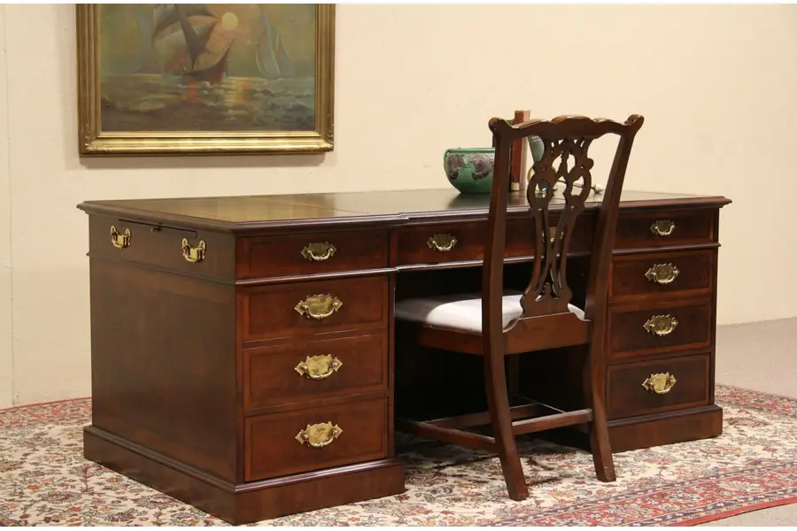 Photo of Henredon Aston Court Leather Top Executive Vintage Desk