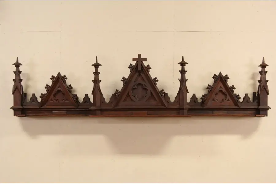 Photo of Gothic Architectural Salvage Fragment, 1890's Antique Oak Crest & Cross