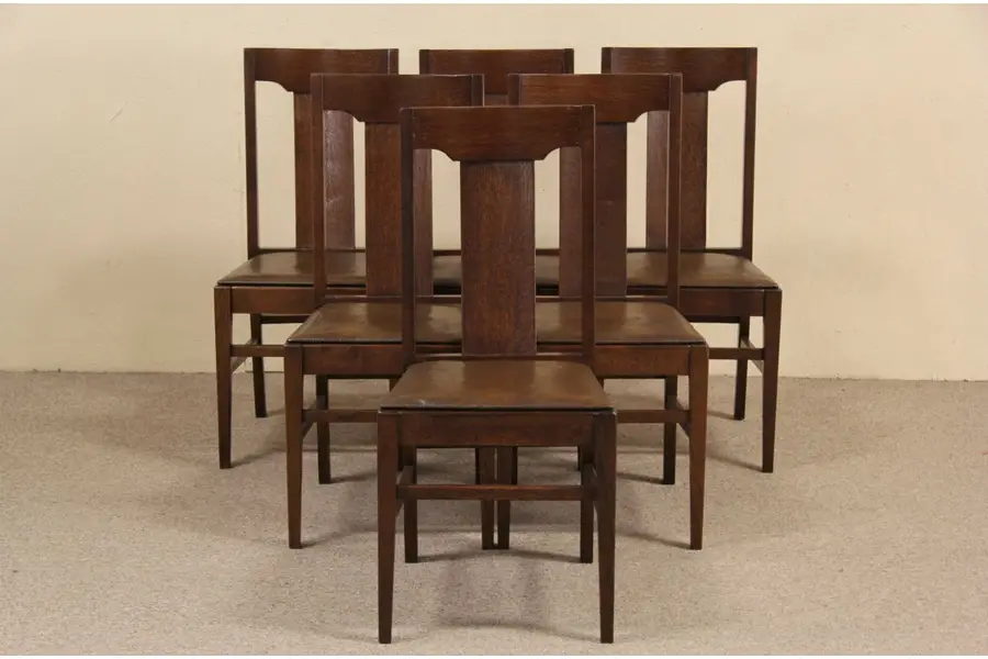 Photo of Set of 6 Arts & Crafts Mission Oak 1900 Antique Dining Chairs, Original Leather