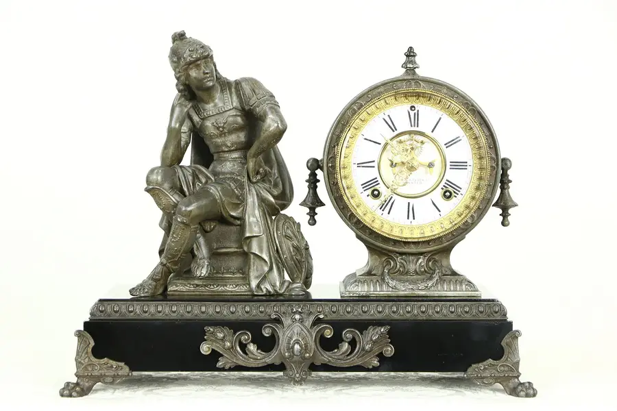 Photo of Ansonia NY Antique Open Escapement Clock, Roman Soldier Sculpture Pat. 1882